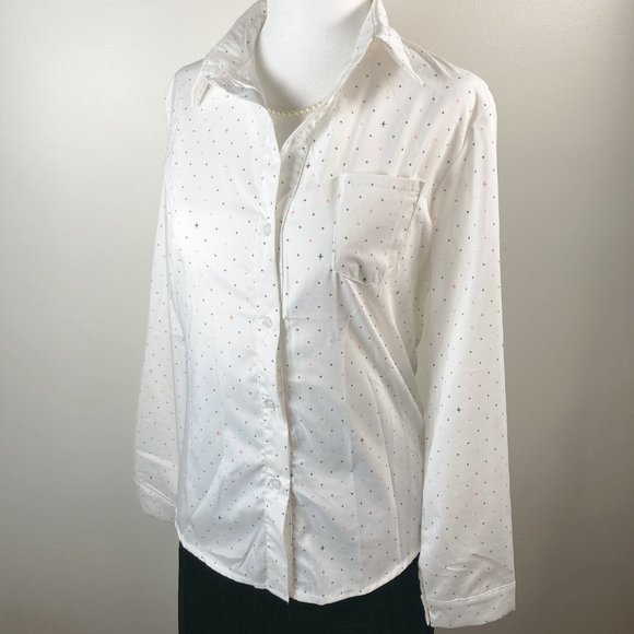 Star or cross print button-down shirt ~ Celestrial white pink blue MEDIUM blouse - Picture 9 of 15